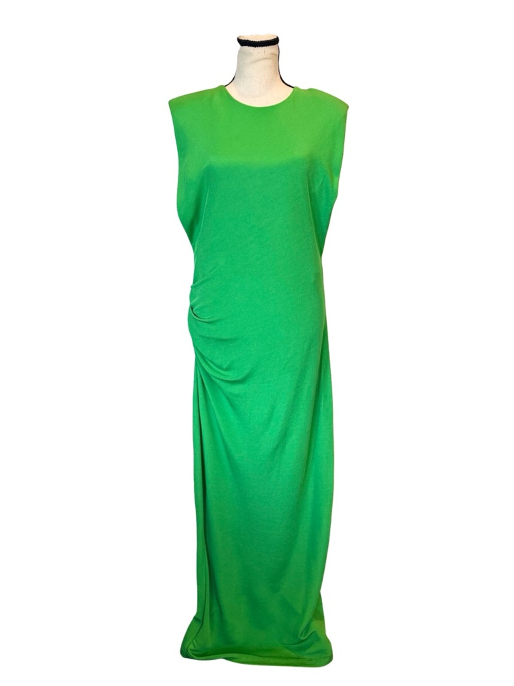 Zara XL Bright Green Maxi Dress Ruched Side Shoulder Pad Sleeveless 100% Viscose